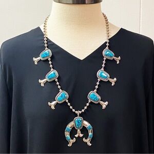 27” Vintage Faux Turquoise Squash Blossom Necklace Costume Jewelry Silver Tone